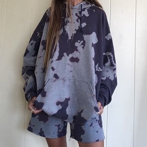 Handmade bleach dyed hoodie and sweat short set